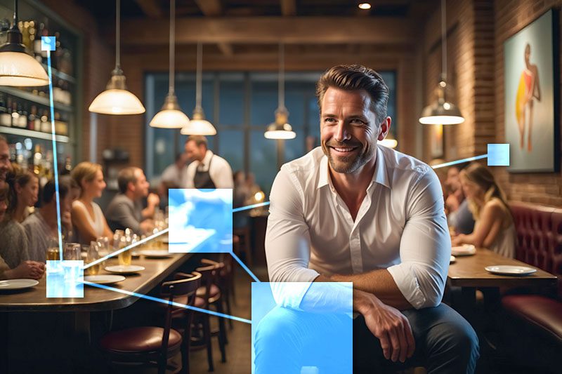 Bar owner sitting on stool while TVI is working in background managing his business.