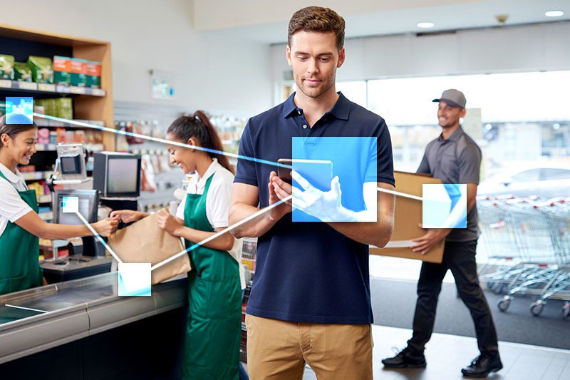 Business owner managing staff, vendors, customers (CRM), accounting, and inventory using integrated TVI business management software. 