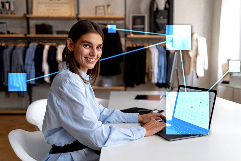Business owner using TVI for integrated accounting - connected to sales, customers, and inventory. 