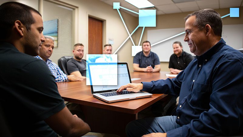 Employess at a work meeting using TVI accounting software for reporting to gauge re-time profitability. 