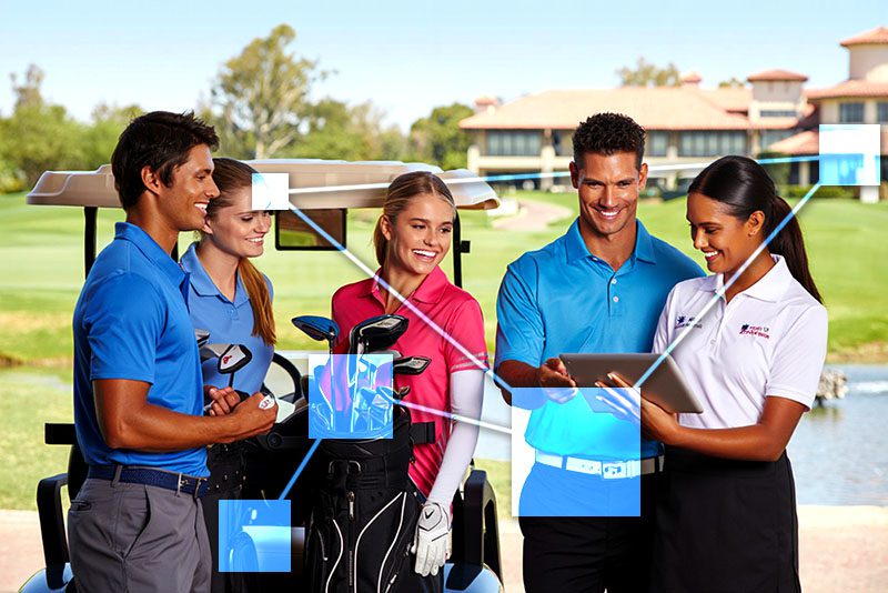 Country club employee renting out clubs and golf cart using TVI business management software. 