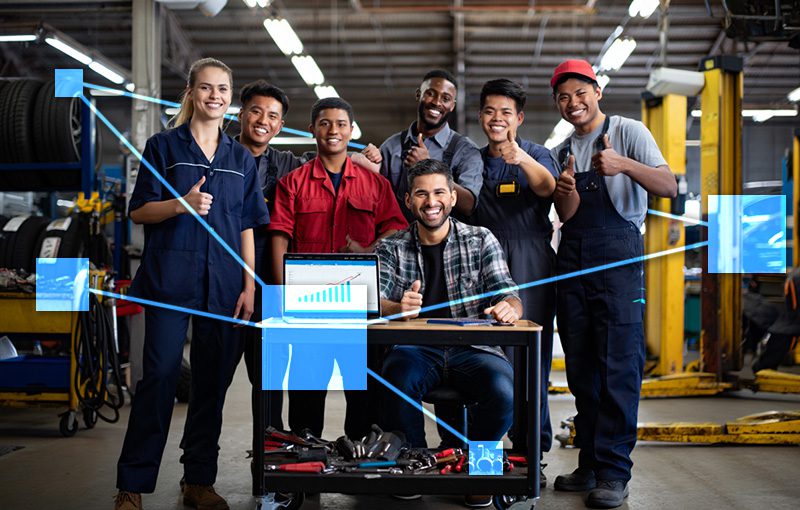 Mechanic shop crew with TVI business management software for CRM, POS, Accounting, and Parts Inventory. 