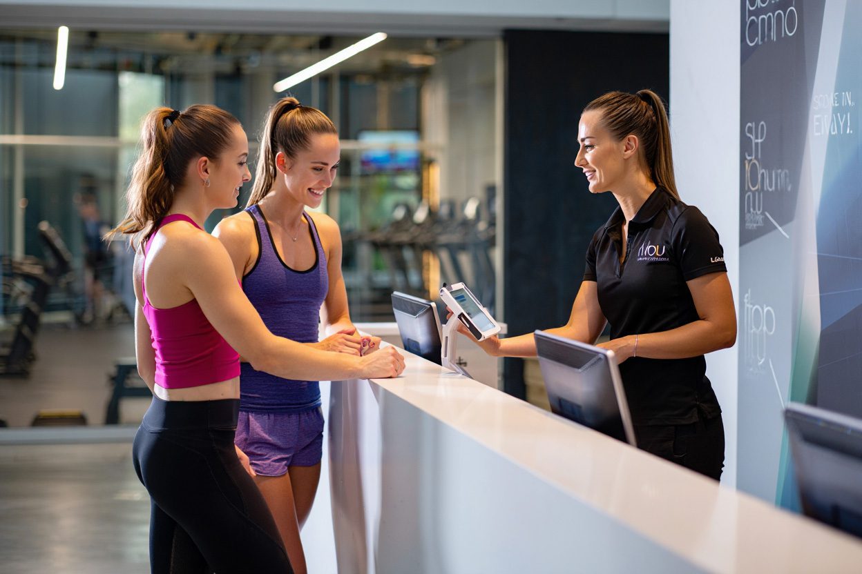 Two guests checking in at a fitness center.