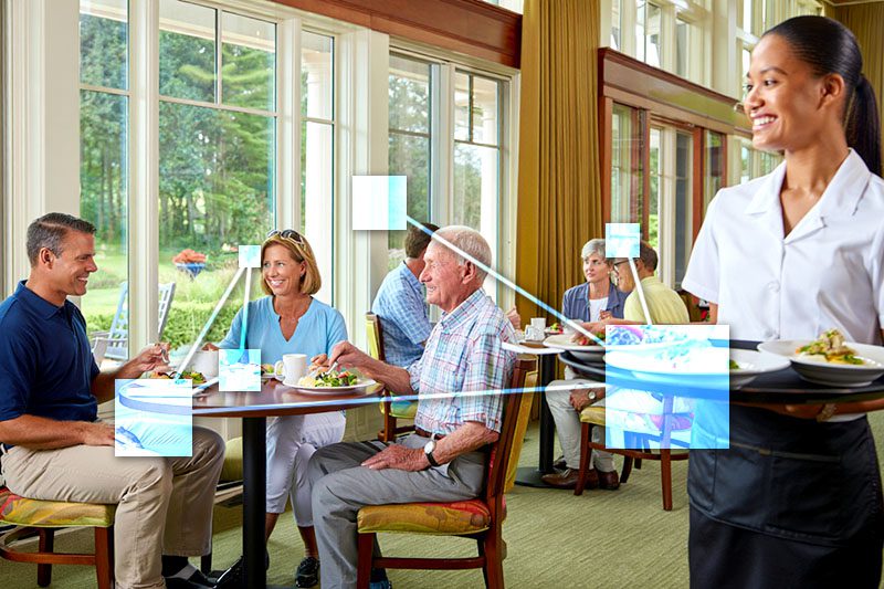 Server delivering food to country club members. With TVI, food sales are tied to recipe costing and ingredient inventory management. 