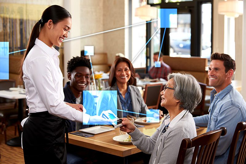 Server with TVI POS and guests paying - Sales is connected to customer management, accounting and inventory.