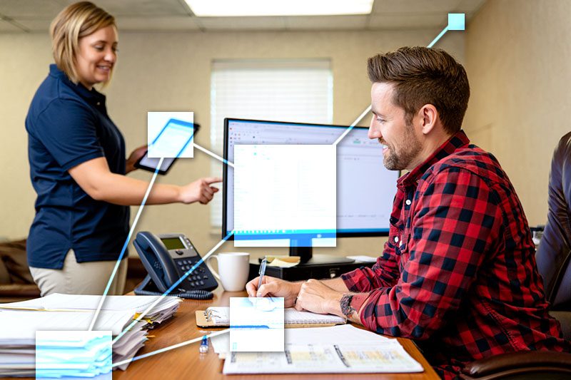 Service manager updating assets (inventory), installs, history, and warranties with TVI with an automatic link to accounting.