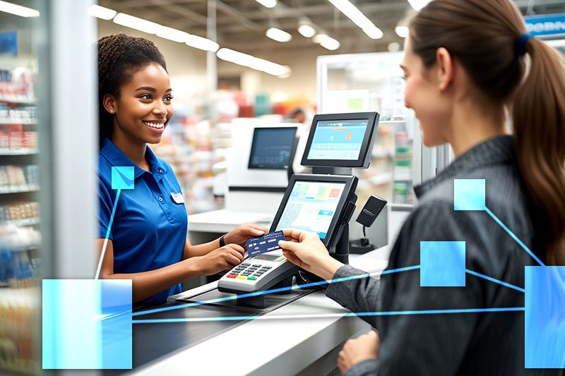 Shopper using TVI POS at small business location. POS is integrated with CRM, accounting and inventory. 