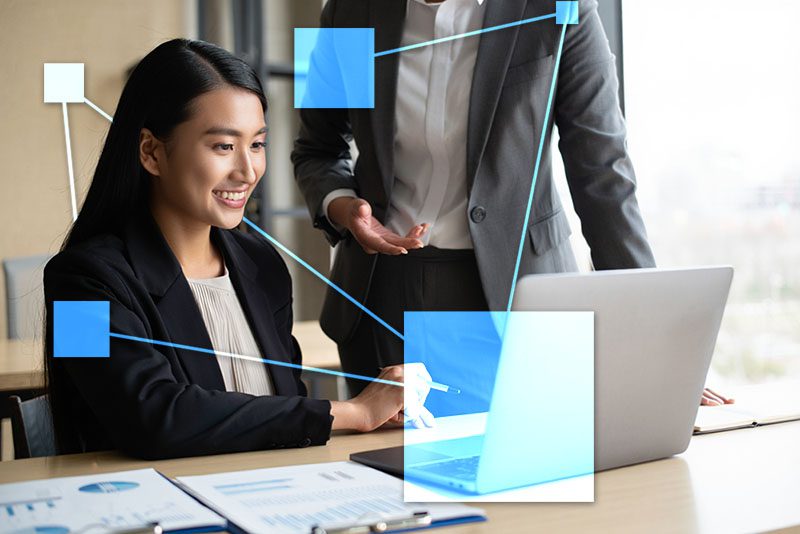 Business managers overseeing accounting, inventory, CRM and sales with TVI software.