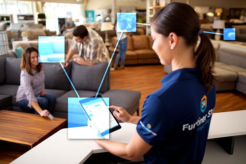 Employess in furniture store assigning TVI custom fields, categories and tags for tracking customers. 